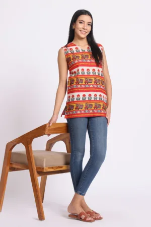 Red orange rust orange white green blend tunic for women, elegant Indo-Western style